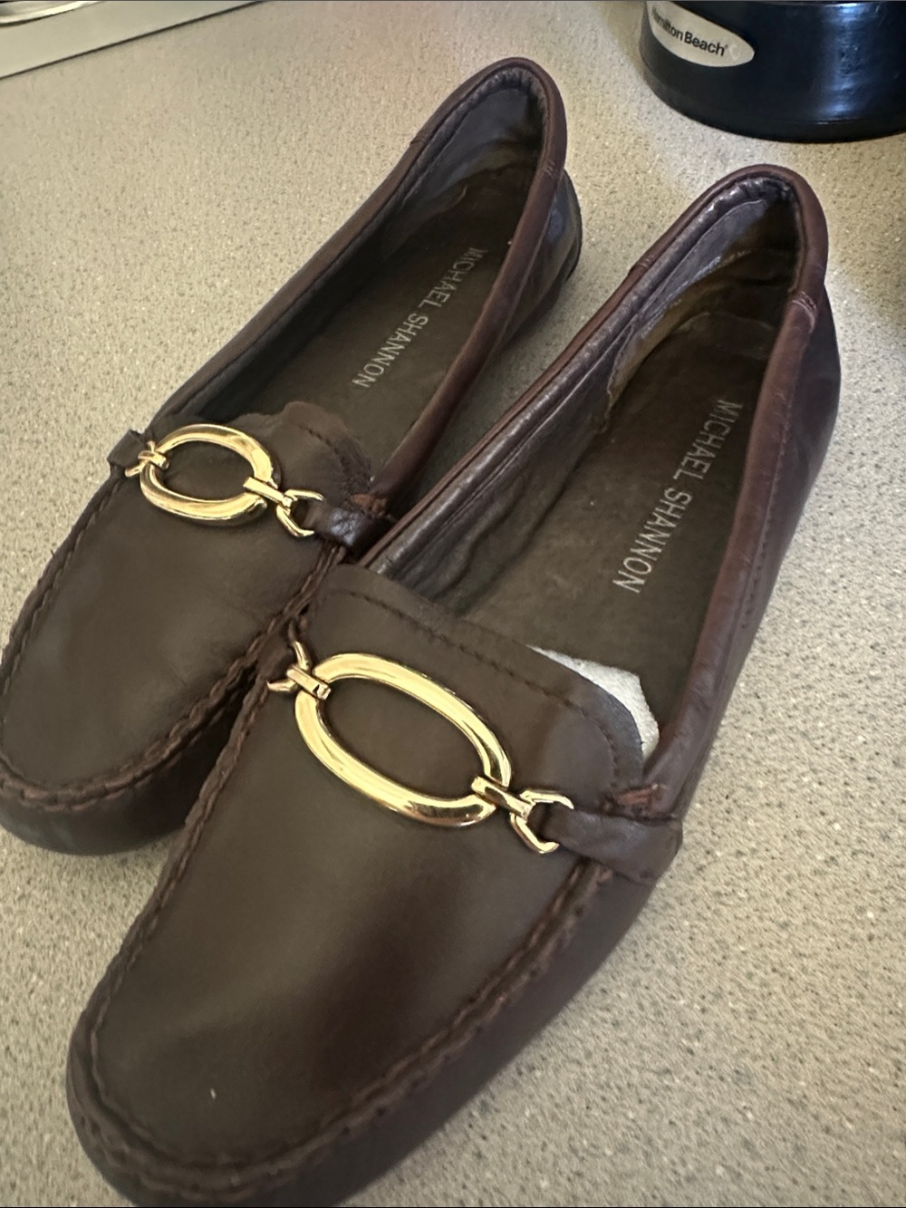 Michael Shannon Brown Leather Loafers with Gold Oval Hardware $15.00 size 7 firm